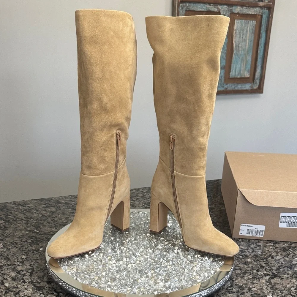Steve Madden Ally Tan Suede Knee-High Block Heel Boots NEW 6